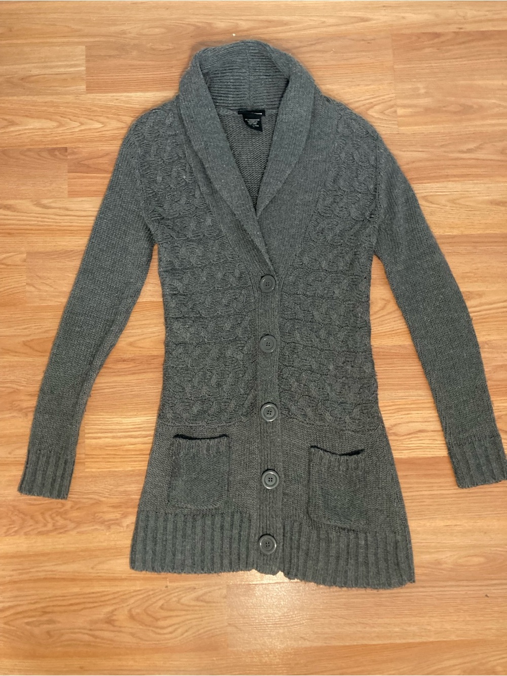 It's Our Time Women Cable Knit Shawl Collar Button Front Cardigan Sweater Gray S